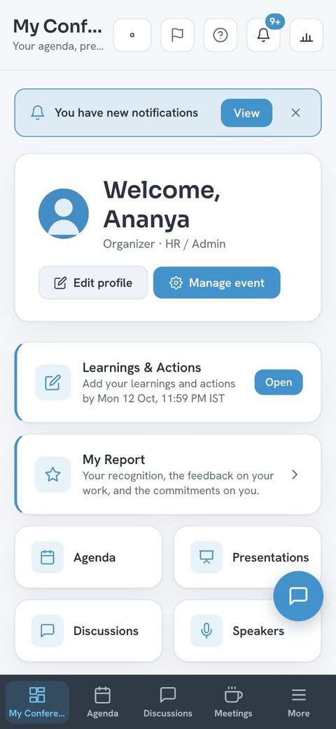 Konsai home screen with welcome card, report and quick links