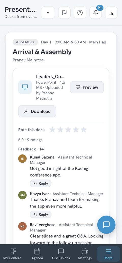 Session deck with ratings and feedback