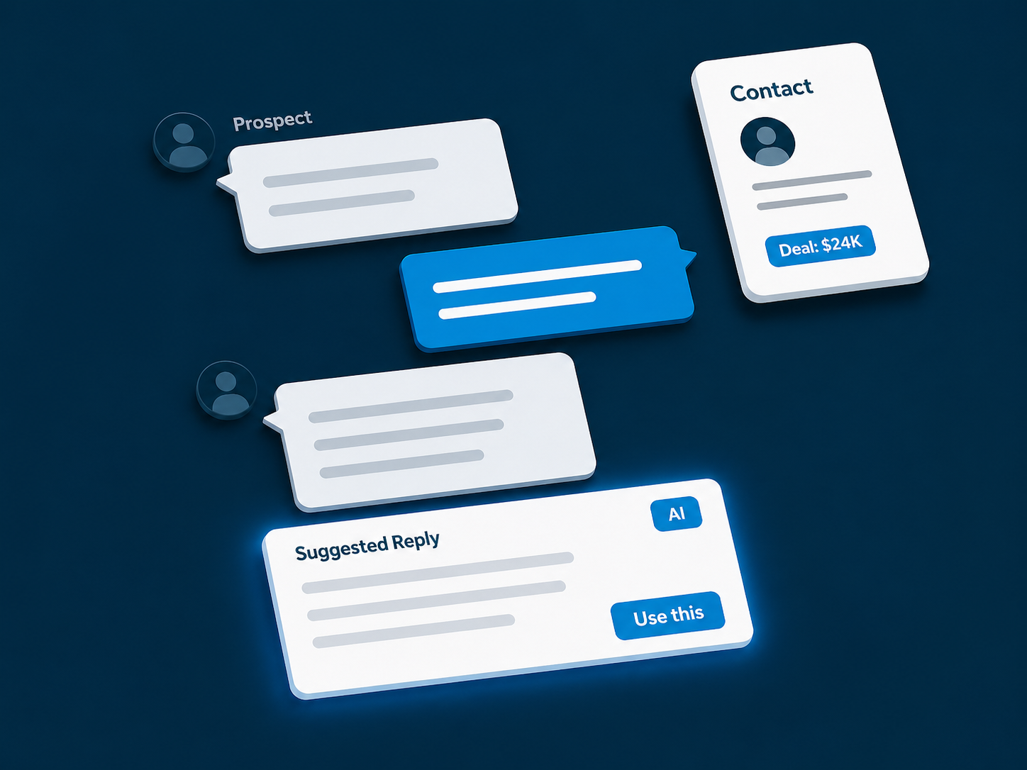 AI-powered sales conversation thread with suggested replies and contact context