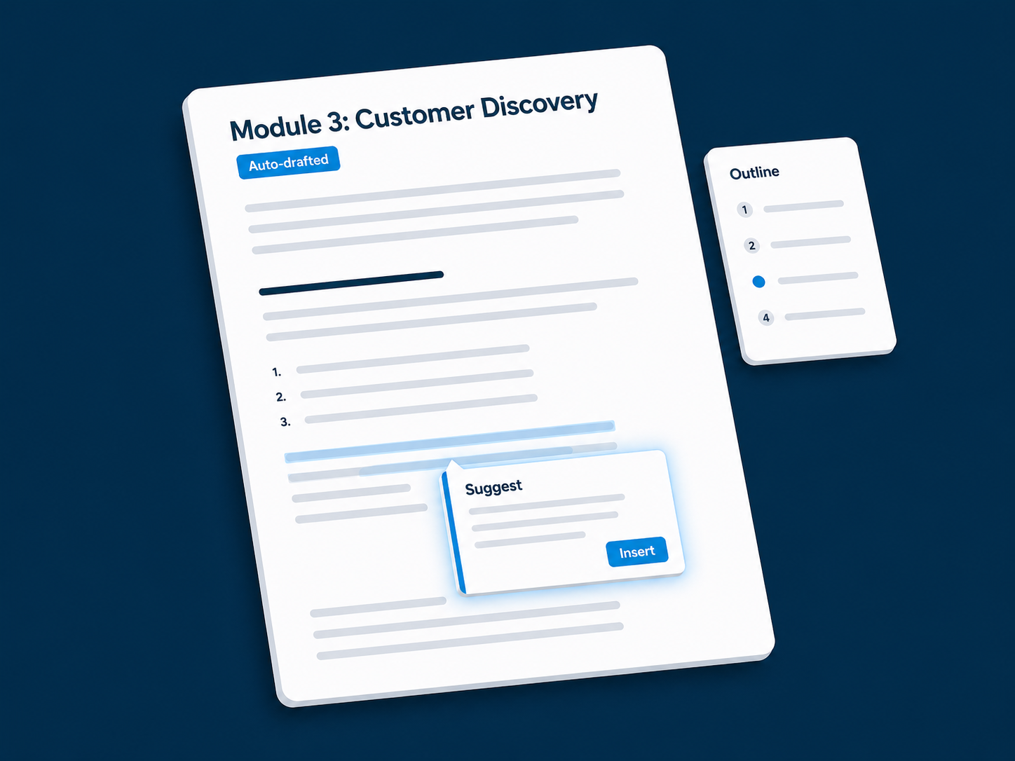 AI-assisted document editor showing a training module with inline AI suggestions