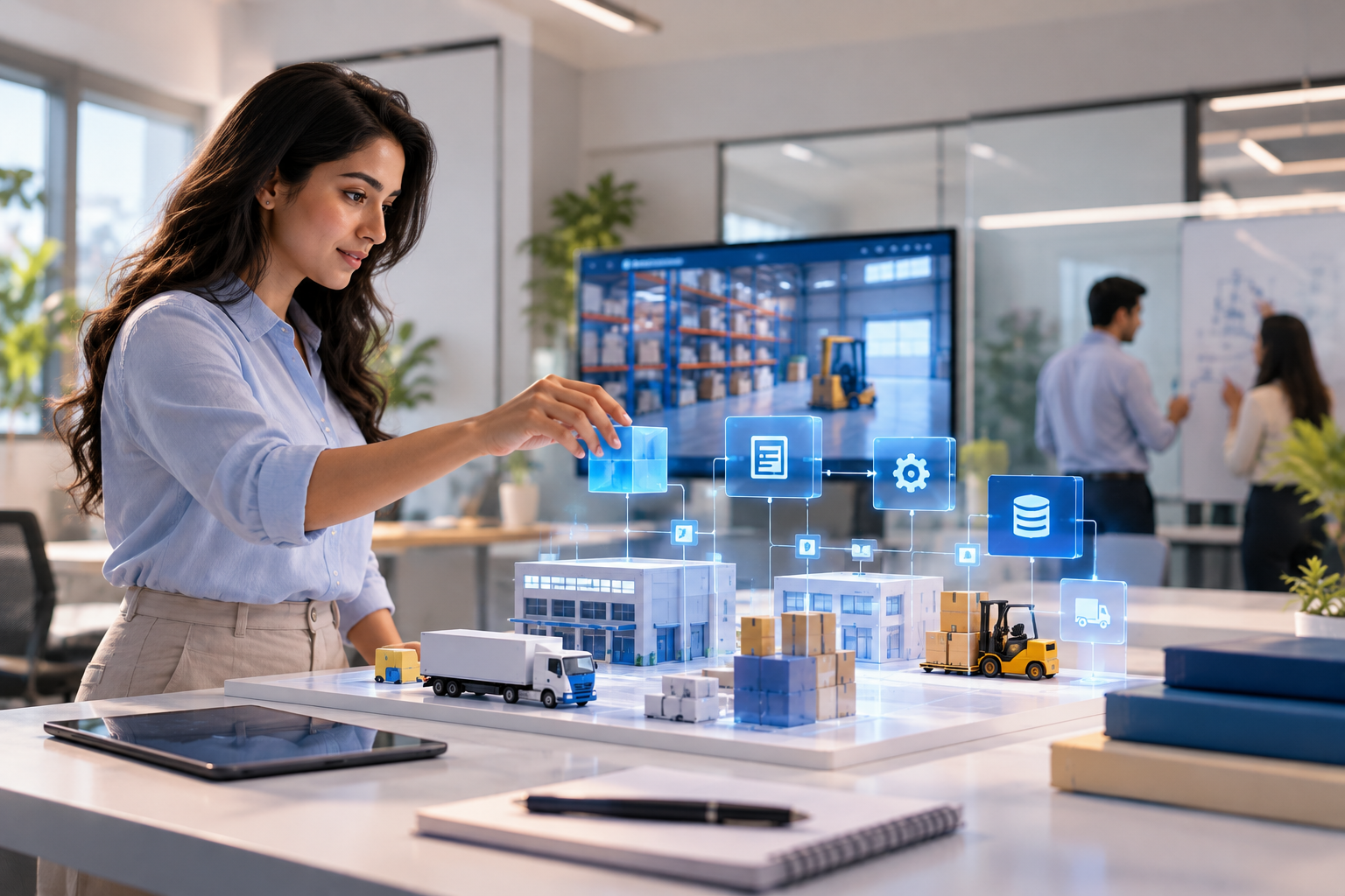 A professional interacting with a holographic warehouse and supply-chain simulation