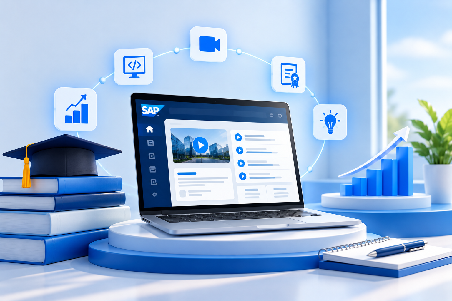 SAP e-learning dashboard shown on a laptop screen with course video, lessons list and skill icons around it